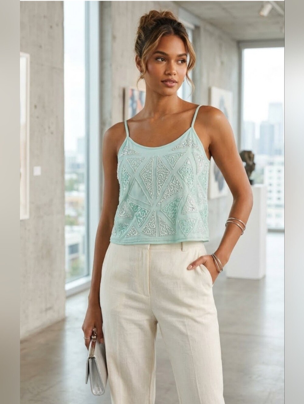 M Forever 21 Mint Green Beaded TankTop Sz S